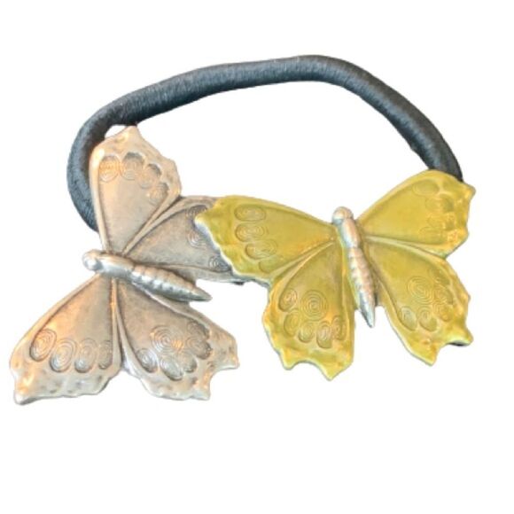 Hand-Pressed Butterfly Hair Tie – Vintage Metal Ponytail Holder on Elastic - Picture 1 of 9